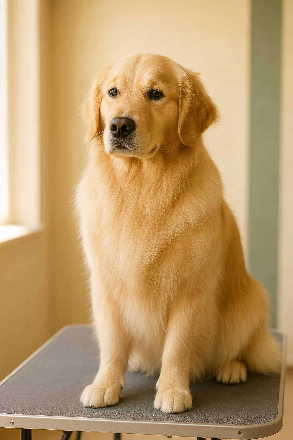 A golden retriever freshly groomed at Groom and Fluff