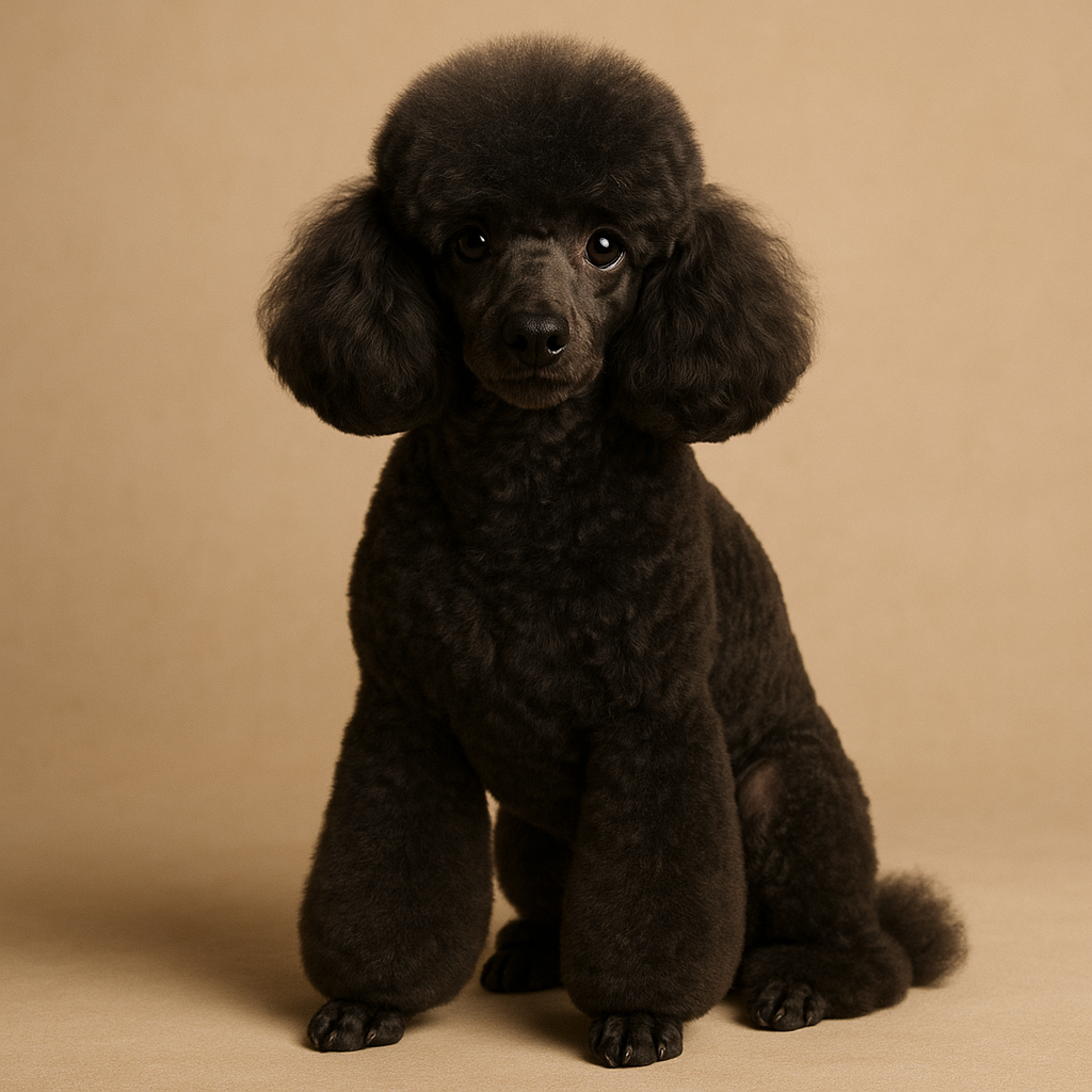 A miniature poodle with a breed-specific trim at Groom and Fluff