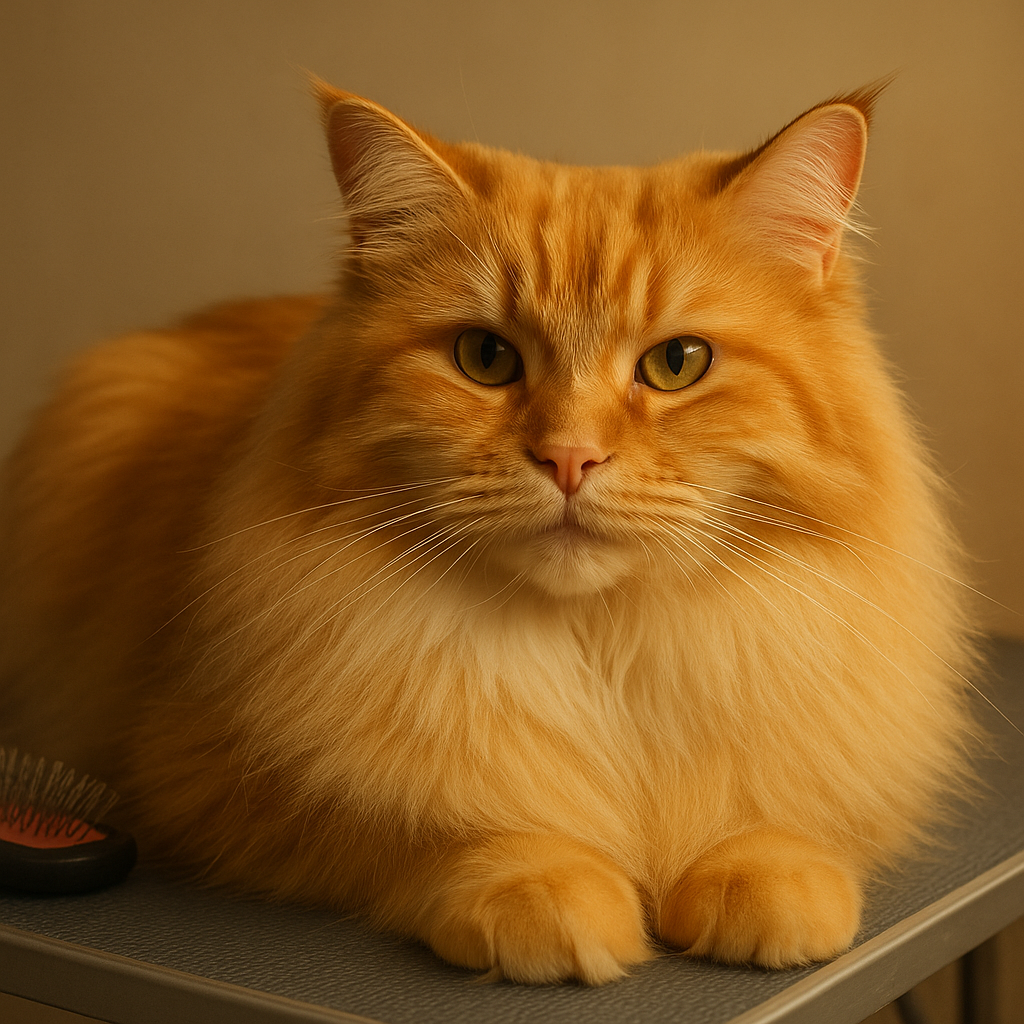 A long-haired cat resting calmly on the grooming table at Groom and Fluff