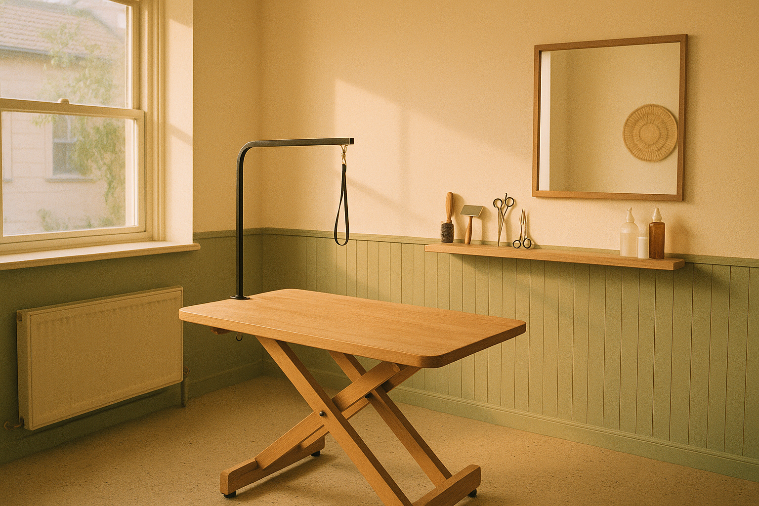 The Groom and Fluff salon interior — warm, calm, clean