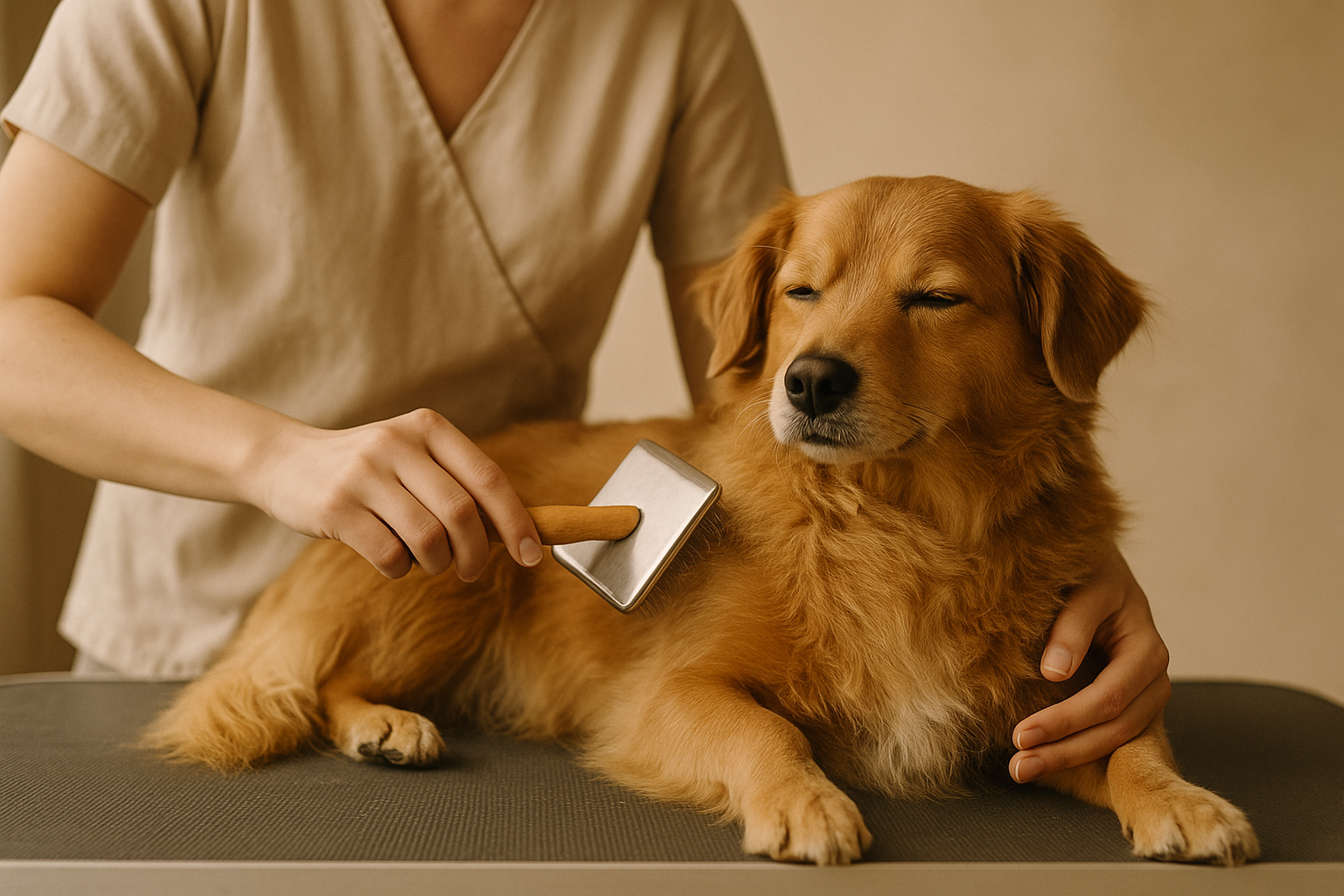 Groomer working calmly with a dog at the grooming table