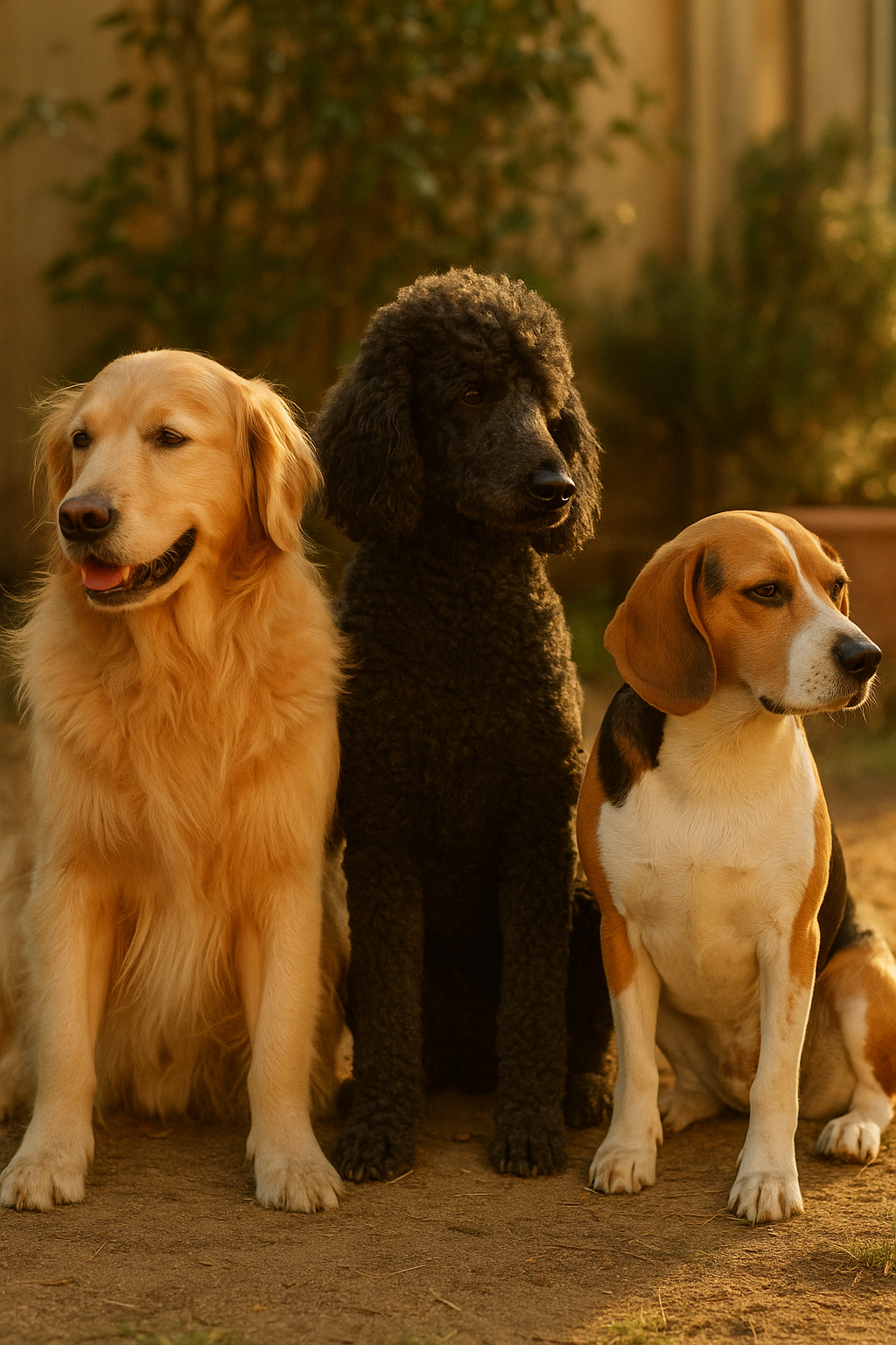 Several dogs of different breeds and coat types sitting together, showing coat variety