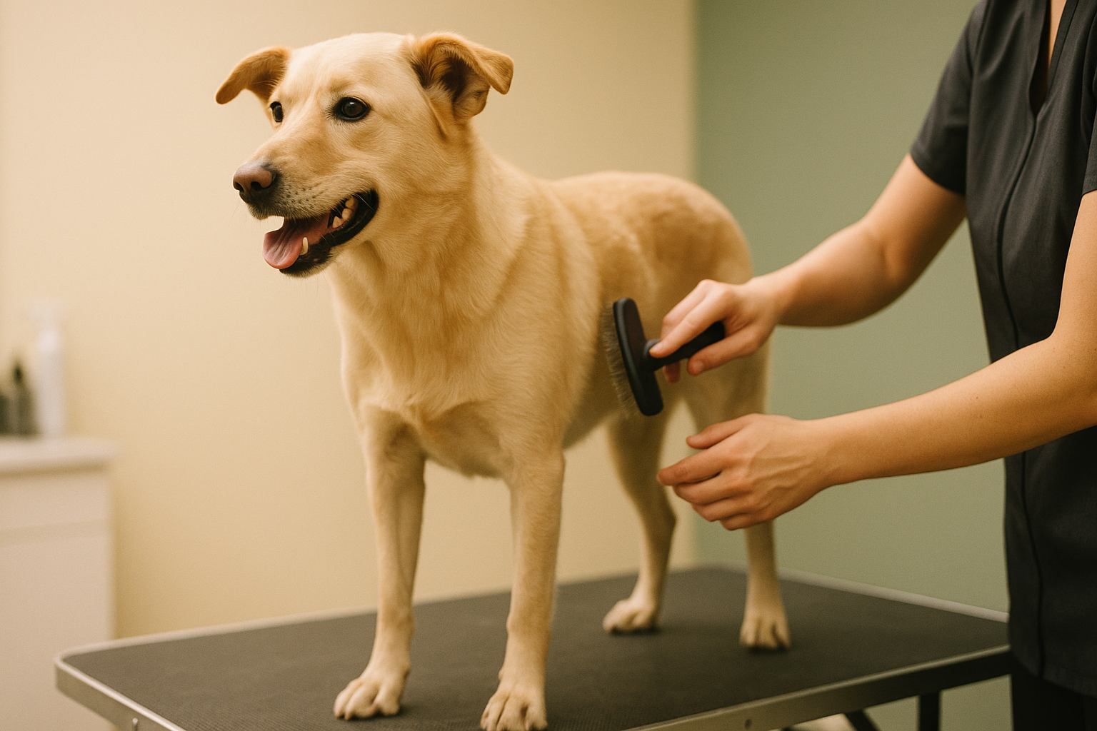 A calm dog being groomed without restraint, groomer's hands visible