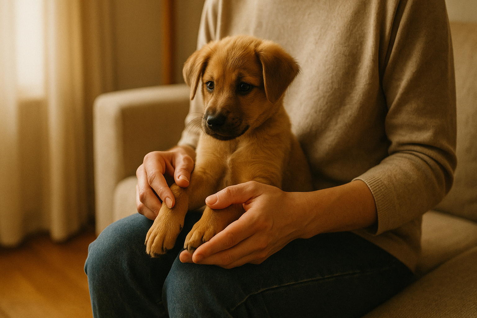 A puppy sitting calmly while being gently handled at home before its first grooming visit