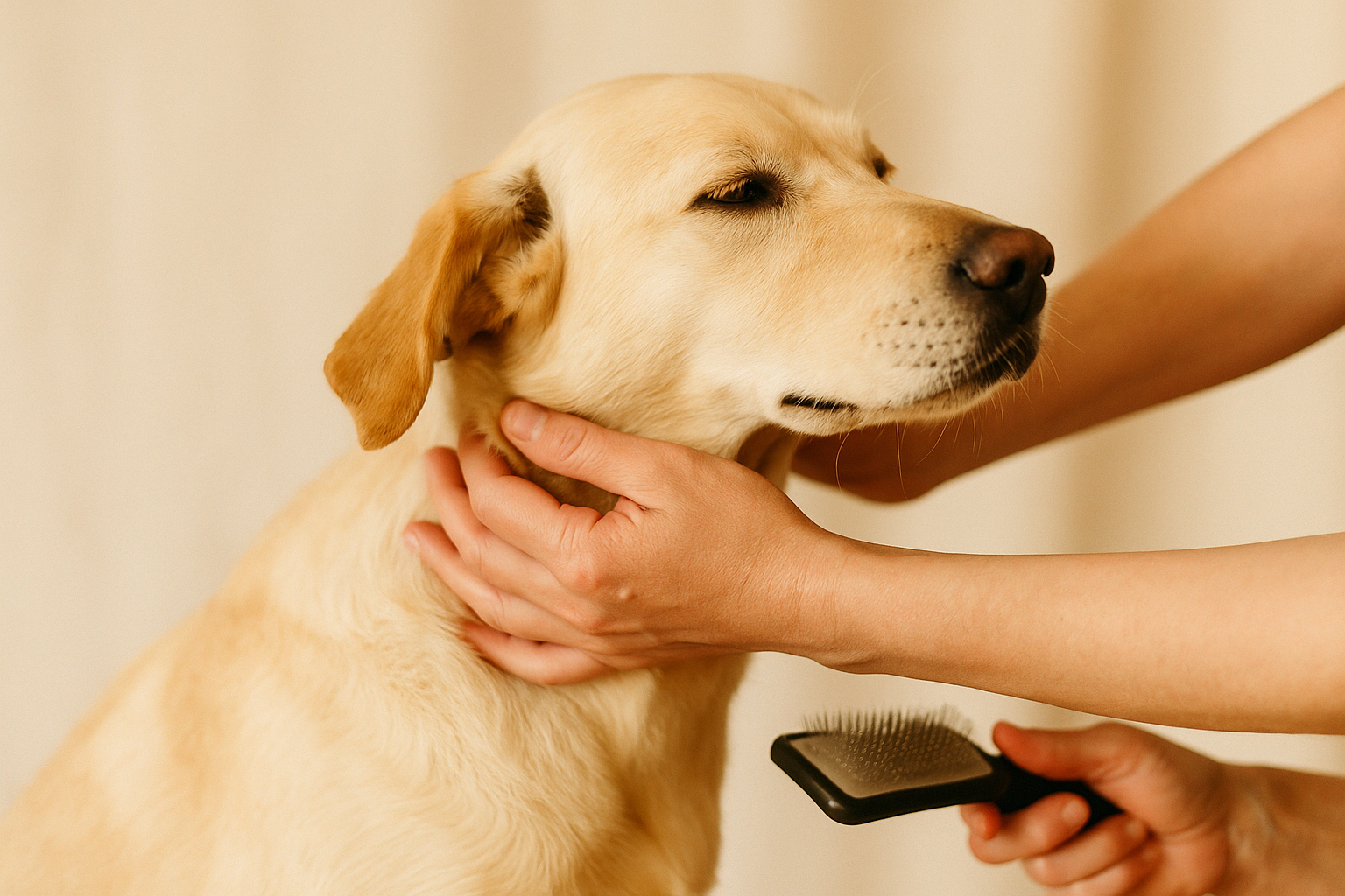 A dog mid-groom at Groom and Fluff — relaxed, one-on-one session